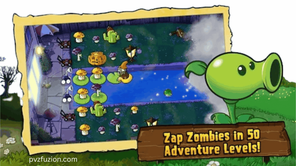 PvZ Fusion gameplay showing night mode zombie attack with 50 adventure levels and pea shooter.
