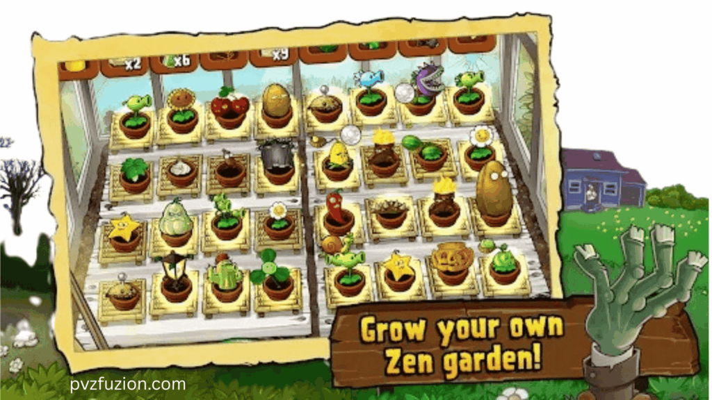 PvZ Fusion Zen Garden with collectible plants in pots; grow your own garden in Plants vs Zombies Mod