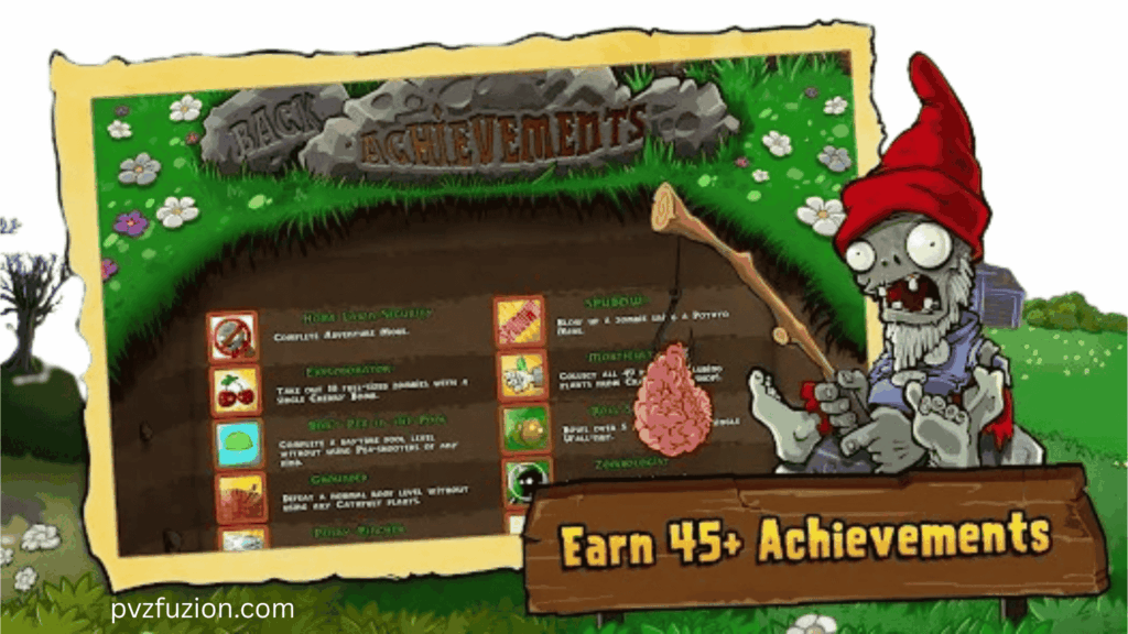 PvZ Fusion game achievements screen showing 45+ unlockable rewards and zombie character.