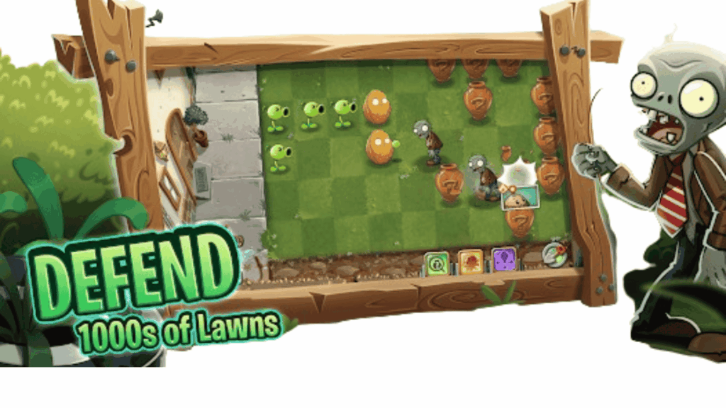 Peashooters defending lawn from zombies, 'Defend 1000s of Lawns' text.
