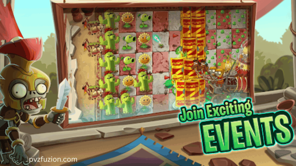 PvZ game screen with plants vs. zombies battle and 'Join Exciting Events' text.
