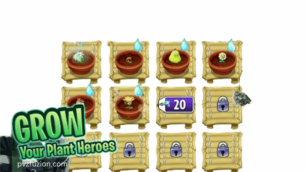 Plants vs. Zombies game screen showing plant heroes growing in pots with water, some locked crates, pvzfuzion.com.