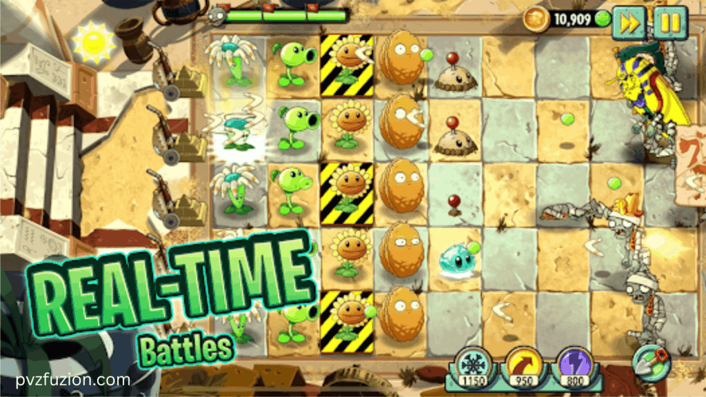Plants vs. Zombies game screenshot with peashooters and sunflowers fighting zombies.